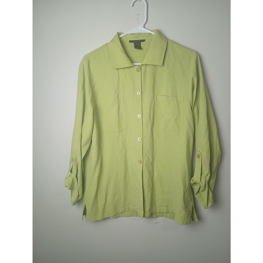 Anne‎ Carson 100% Silk Green Chartreuse button up Blouse Top Women Medium
